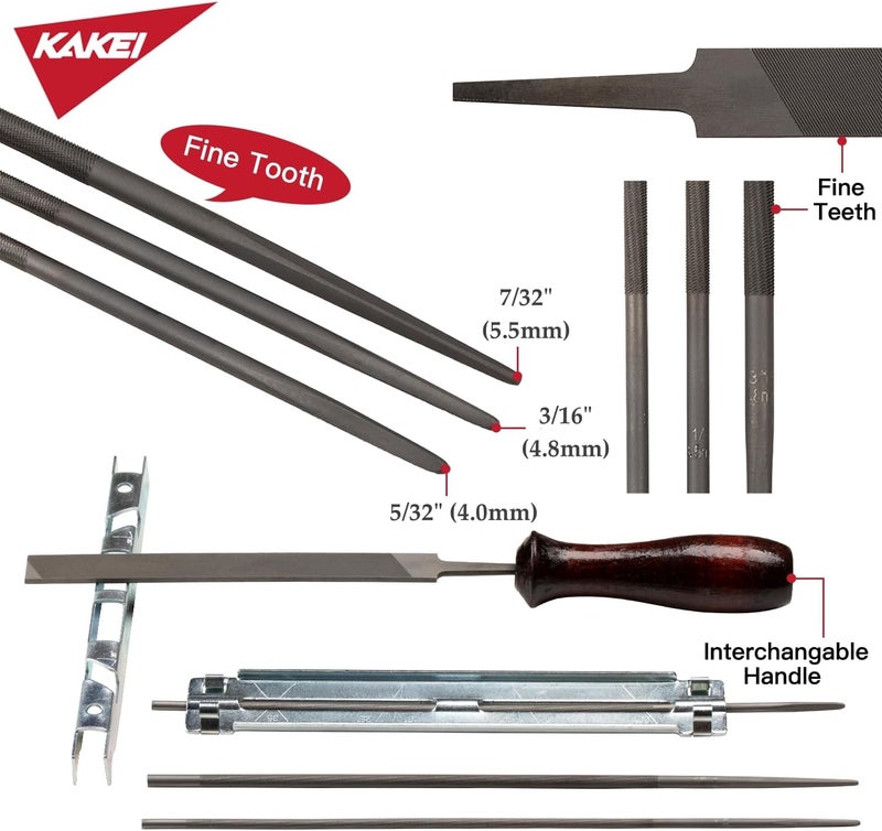 KAKEI Chainsaw Sharpening File Kit, Chainsaw Chain Sharpener - 8 Packs - 3 Round Files(5/32-Inch, 3/16-Inch, 7/32-Inch), Flat File, Depth Gauge Tool, Filing Guide, Wood Handle, Travel Pouch - Image 3